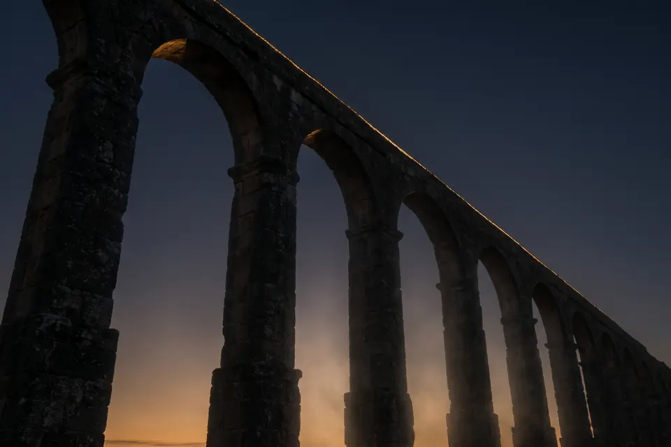 Arcs de pedra romans en filera, retallats contra la primera llum daurada del dia