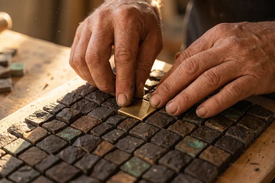 Manos de artesano colocando la tesela de oro que completa un mosaico de piedra oscura