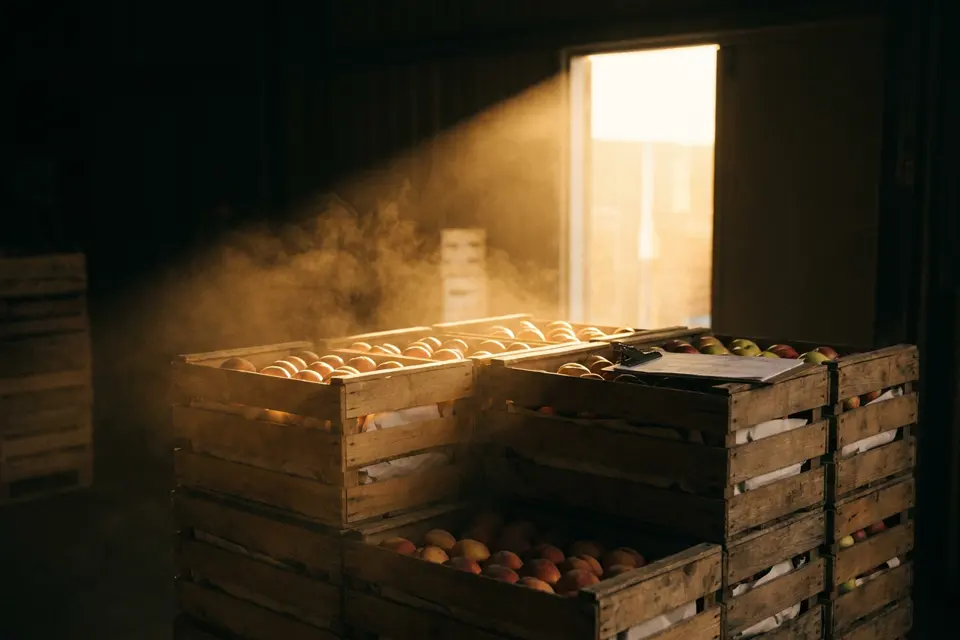 Cajas de fruta en un almacén oscuro con luz dorada y albaranes encima