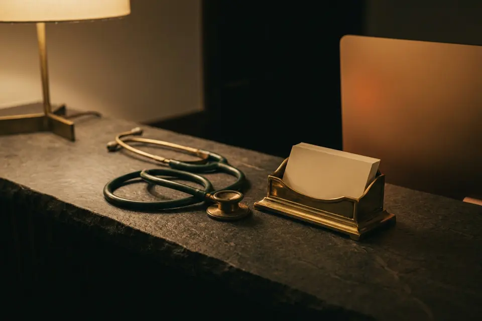 Fonendoscopio sobre el mostrador oscuro de una recepción tranquila con luz cálida