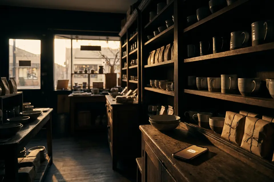 Tienda artesana al atardecer con luz dorada y un móvil iluminado en el mostrador