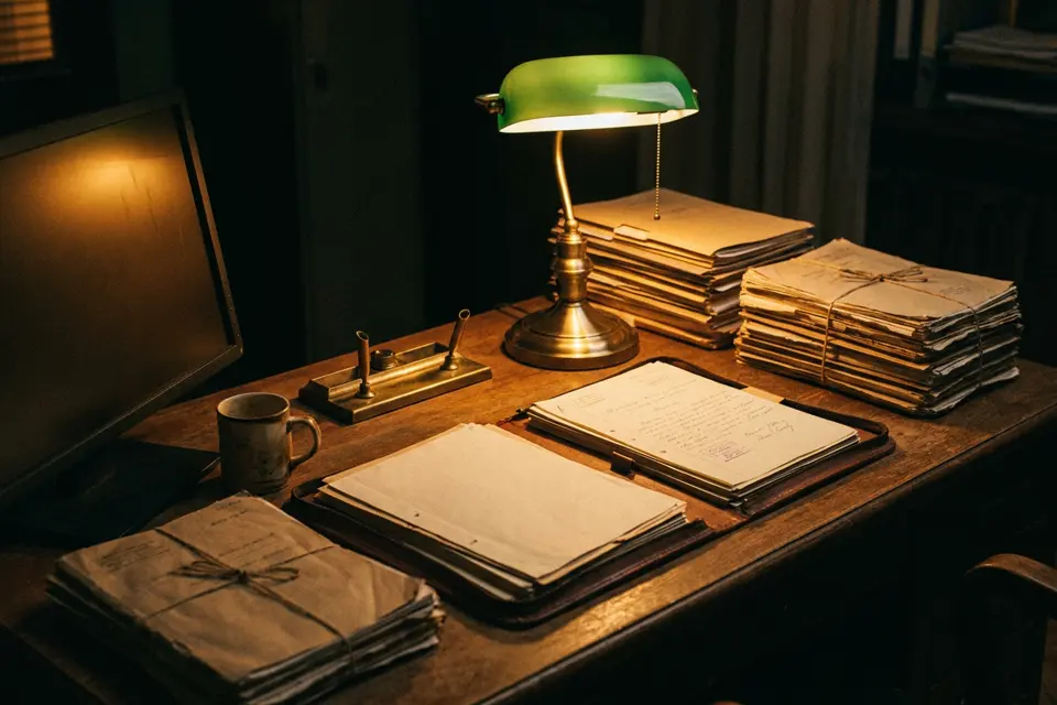Pilas de expedientes bajo la luz cálida de una lámpara de banquero en un despacho de noche