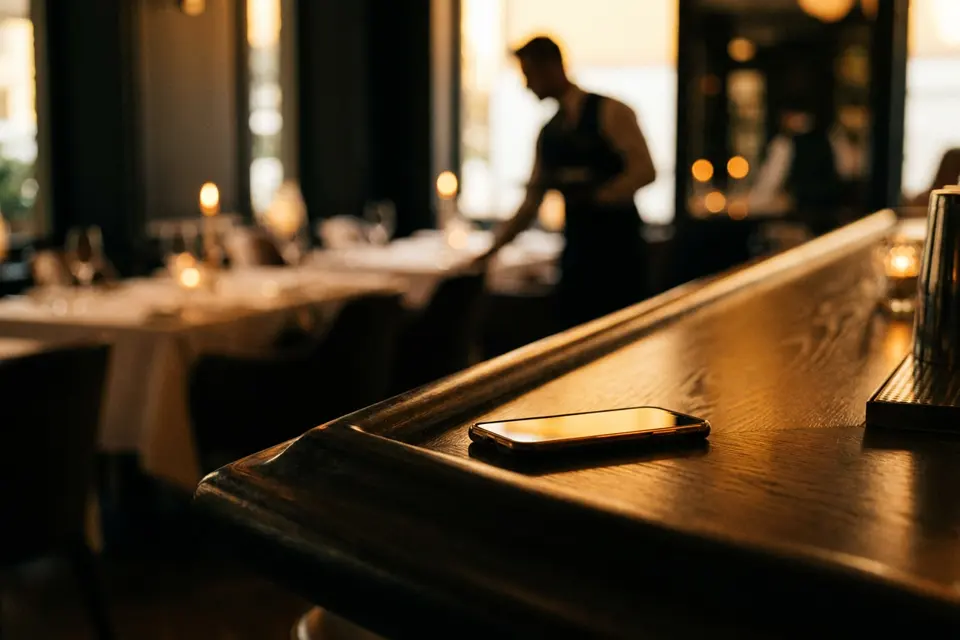 Barra de restaurante con un teléfono brillando en ámbar y el servicio en marcha al fondo