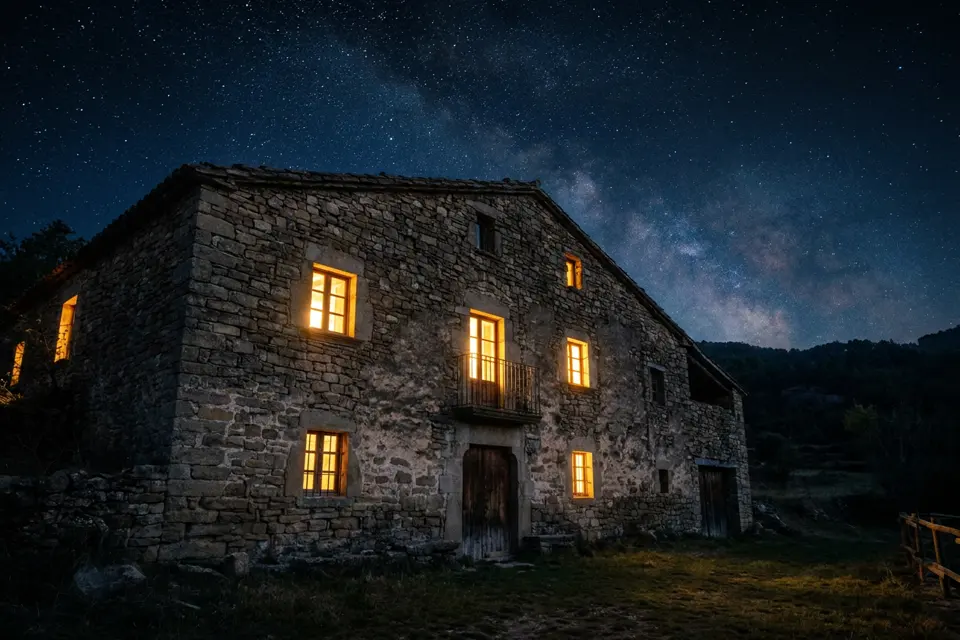 Casa rural de piedra a la hora azul con las ventanas iluminadas de luz dorada
