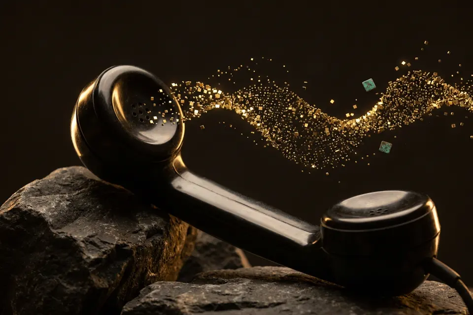 Auricular de teléfono clásico sobre piedra oscura con una onda de sonido hecha de teselas doradas