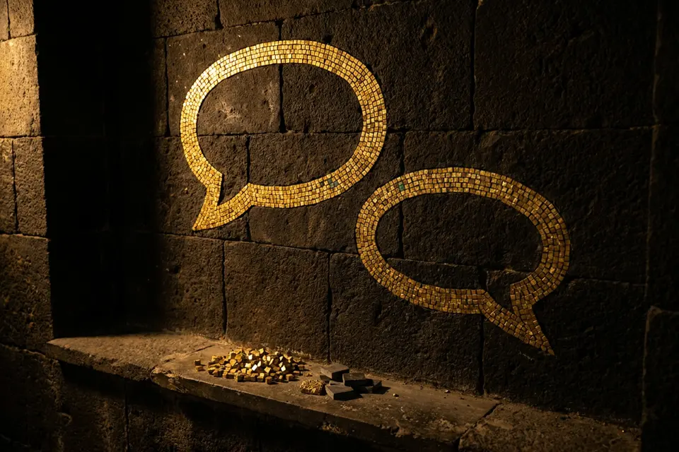 Dos bocadillos de conversación hechos con teselas doradas sobre un muro de basalto