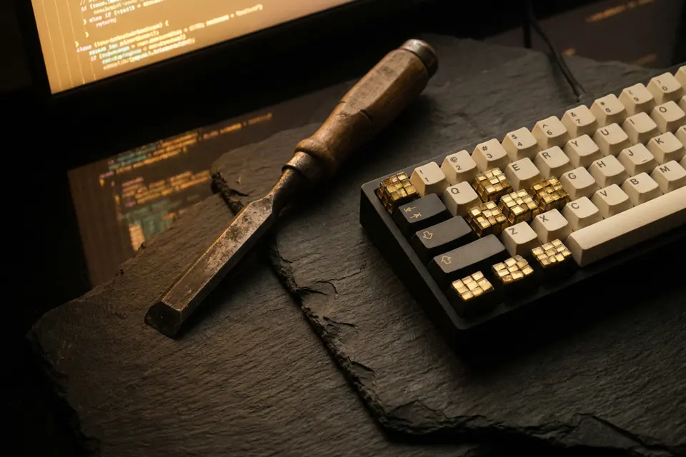 Cincel de cantero junto a un teclado moderno con teclas de tesela dorada